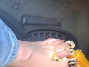 Hot blonde smashing Twinkies on pedals as she's pedal pumping