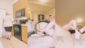 BBW business bitch gets squirted all over her bald pussy and couch