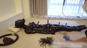 Sexy girlfriend's leather bondage, bondage suit, bondage belts, mask, gag. Vibrating orgasm.