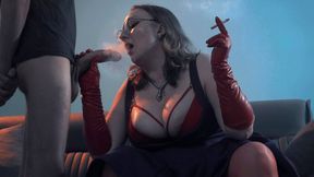 Spitting Blowjob Smoking MILF - Dominant Bitch in Glasses & Leather Gloves Edges & Bites Cock (4K)