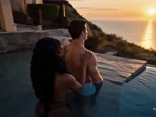 Stressed Boss Gets His Dong Moist in the Sunset Infinity Pool with Black Bikini Honey [Ai Generated]