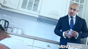 Suited Alan Vicenzo seduces plumber Leo Larosa to anal plow him