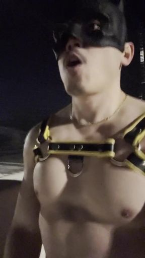 Midnight Muscle Tease: Asian Hunk Flexes Ass &amp; Biceps in Yellow Harness on Highway Bridge