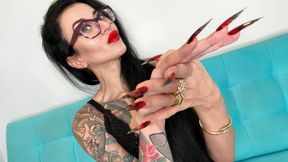 New hot color Long nails, claws, long flexible fingers and handjobs with spit, red lipstick