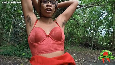 Black slut having sex in the park with an Asian guy