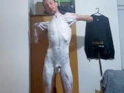 Covering my skinny body with white cream and folding over to suck my cock self suck