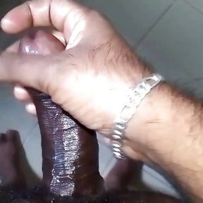 Oiled up Horny Guy Masturbate In the Bathroom until his black cock cum.