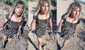 Cute Latina ladyboy strips bare in public squeezing that massive ass for everyone to see