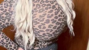 CupKCindy tit worship Cindy in print look tight jeans showing off her huge tits belly and legs sexy German lady blue eyes blonde hair