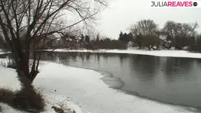 German blonde slut rides a fat cock in the snow