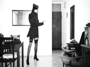 The stewardess is ready for 1 flight in a sexy outfit.