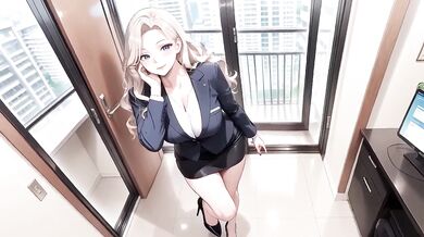Relaxed Blonde Secretary Teases With Silky Dark Blazer Kneeling Lazy Under Office Desk Near Corporate Bookstacks