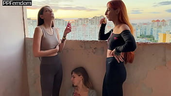 Mistresses Agma And Sofi Spit On Slave-Girl On A Public Balcony - Lezdom Spitting