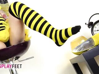 Concupiscent cosplayer in a bee dress gets u hard with toes