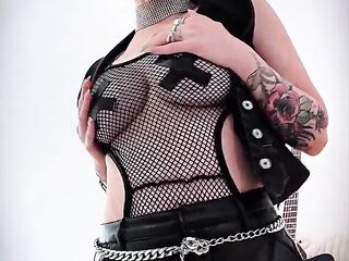 Sandra Luberc Russian Blond Goth Hotty With Guitar Tattoos and Fishnets