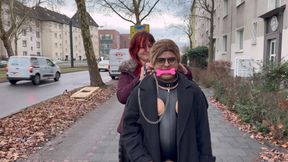 Exhibitionist Domme & Humiliated Sub: Queen Elena Flashes, Then Gags & Walks Sissy Femme Sandy