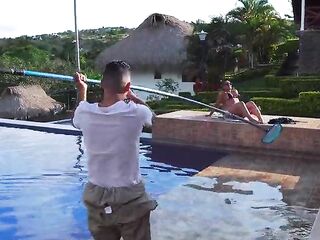 Colombian MILF Ebony Fucks My Husband's Young Worker Outdoors by the Pool at Her House