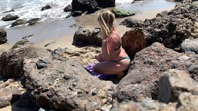 voluptuous blonde sunbathing nude on the beach fucks passer-by