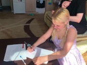 A shy student could not resist the tutor and took his dick in her mouth