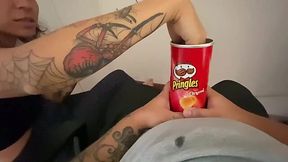 Blowjob for a cock in Pringles can prank for teen stepcousin