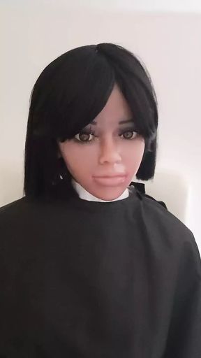Ebony mini sex doll topless salon cape fetish play