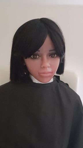 Ebony mini sex doll topless salon cape fetish play