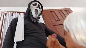 sexual scary movie. 50-year-old woman is fucked by a stranger on Halloween