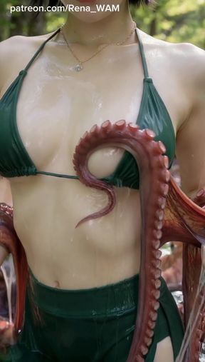 Curvy solo girl plays with slimy tentacles