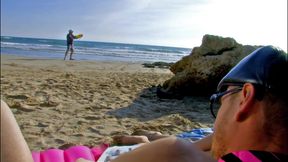 MILF gags on two huge cocks on the beach then gets fucked to mouth cumshot