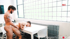 ”Deepthroating & hardcore booty pounding on the table by blonde Ethan Chase & h”