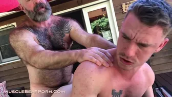 Muscular bear Will Angell takes a thick load after intense bareback action