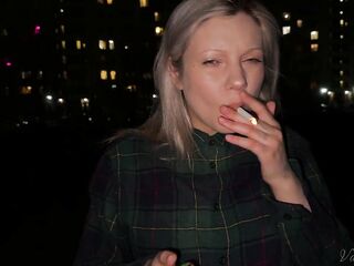 Smokin' Blond with Stripped Breasts Smokes!
