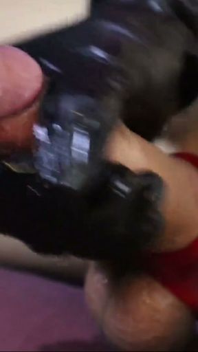 Penis massage close up with sexy black gloves and the dick gets very hard   Clip 1