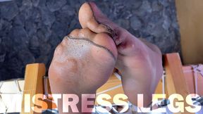 Kiss and lick my wet nylon feet in flesh-colored pantyhose POV (MP4 4K)