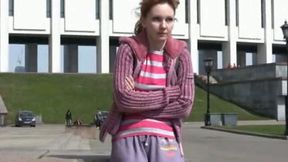 Cute redhead Russian lady pees in her pants in public