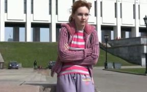 Cute redhead Russian lady pees in her pants in public