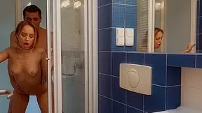 Long-legged cutie opens her shaved pussy for the landlord