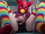 Fursuit Teasing with cute rainbow socks, stripping, and cumming inside condom