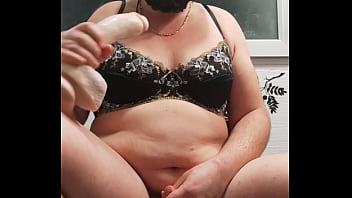 Chubby pathetic Sissy masturbe and cum from sniffing dirty pantie and suck dildo