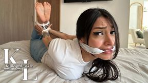 Mara Ambushed on Her Bed: Cleavegagged & Hogtied in White T shirt and Tight Jeans (Roleplay, Next Door Girl, Barefoot, Rope Bondage, Skinny jeans, Struggling, Big Eyes, Eye Contact, Bandana)