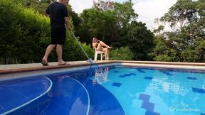poolside seduction: busty blonde ashley grey seduces the pool boy for a raw outdoor session