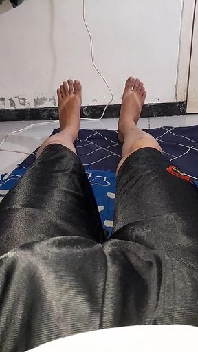 Wearing Satin Pink Lingerie Inside Shorts and Cum Into It