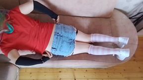 Lovely shemale brushing hair in long silky strokes