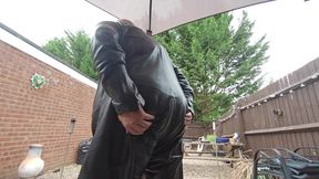 Leather overalls outside in the garden