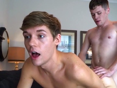 Skinny pretty faced teen goes down on his first cock