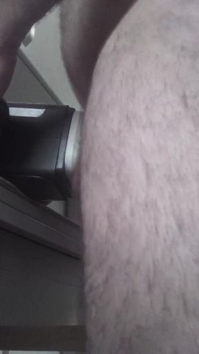 Handsome Mature Chubby with Big Fat, Uses Masturbation Machine in Close-up