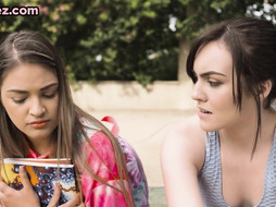 Lez babe with mediumbobs pussyrubbed by her GF after kissing