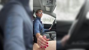 British MILF jerks off stranger in car while driving on busy road