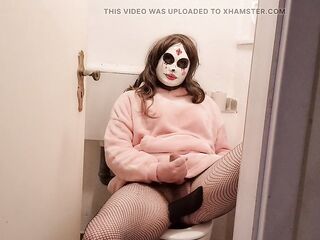 Young trans woman jerks off in the lavatory