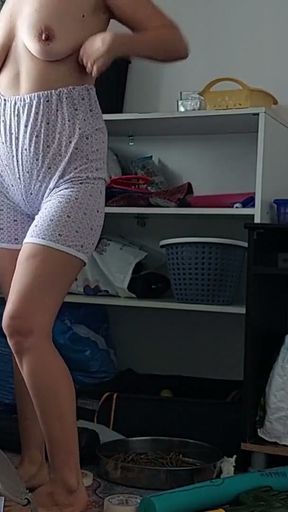 Naughty sexy milf tries on naked clothes. Latina hairy pussy tries on clothes in bed.   Clip 2